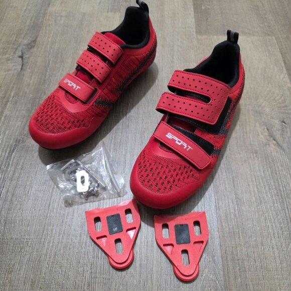 Red Sport Cycling Shoes 3-Strap Road Bike Shoes with Cleats & Hardware Set - Picture 3 of 13